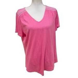 Talbots pink slub cotton v neck top white embroidered shoulder detail size large